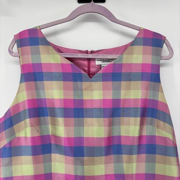 Pure & Simple VTG Womens 100% Silk Plaid Sheath Dress Sleeveless Pastel Size 14 - Picture 2 of 11